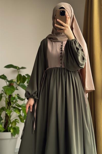 Düğmeli Garni Elbise - Haki/ Bej