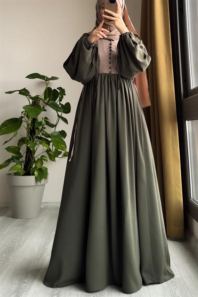 Düğmeli Garni Elbise - Haki/ Bej