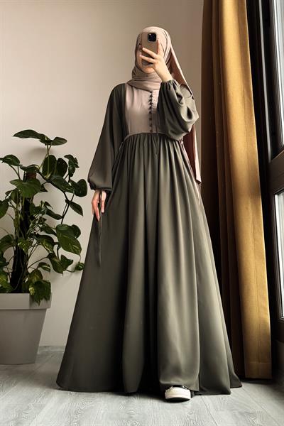 Düğmeli Garni Elbise - Haki/ Bej