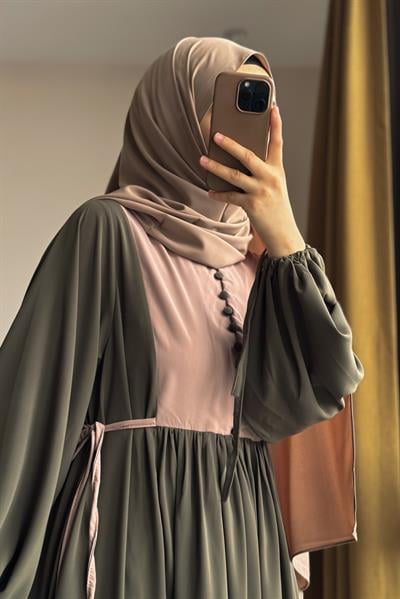 Düğmeli Garni Elbise - Haki/ Bej