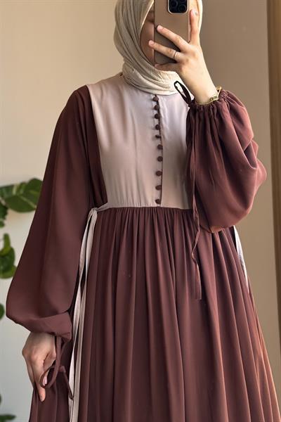 Düğmeli Garni Elbise - Kahve/ Bej