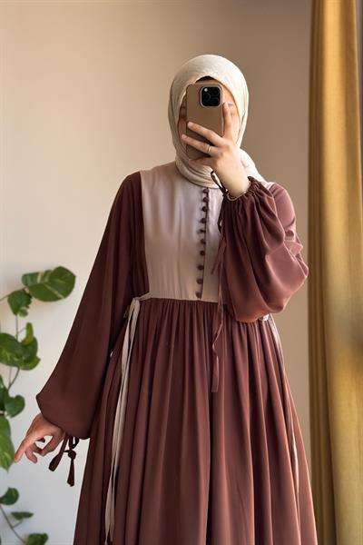 Düğmeli Garni Elbise - Kahve/ Bej