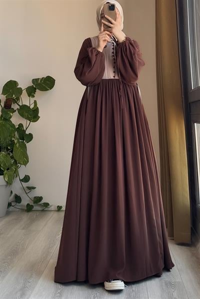 Düğmeli Garni Elbise - Kahve/ Bej
