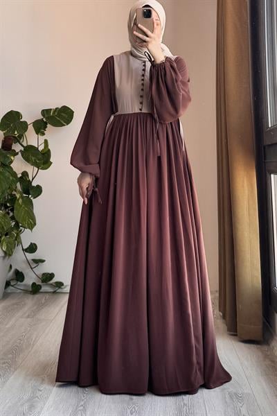 Düğmeli Garni Elbise - Kahve/ Bej