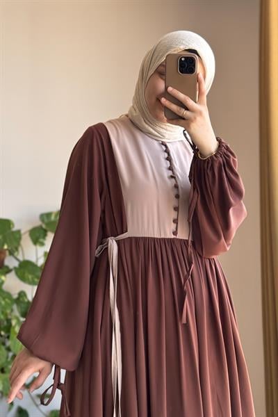 Düğmeli Garni Elbise - Kahve/ Bej