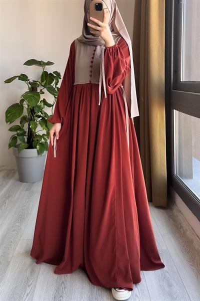 Düğmeli Garni Elbise - Kiremit/ Bej