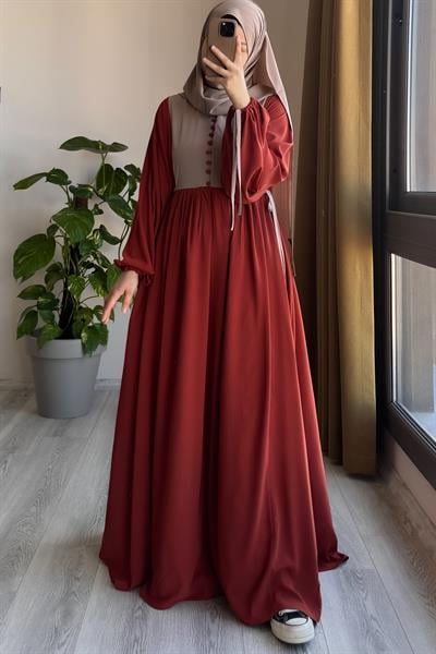 Düğmeli Garni Elbise - Kiremit/ Bej