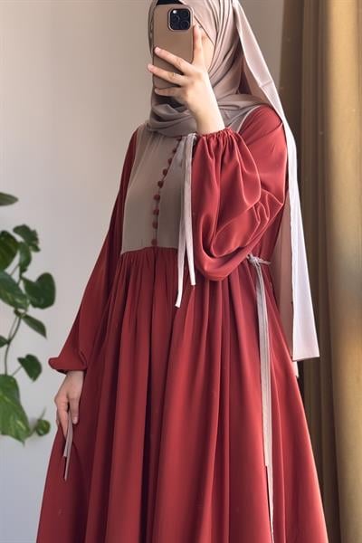 Düğmeli Garni Elbise - Kiremit/ Bej