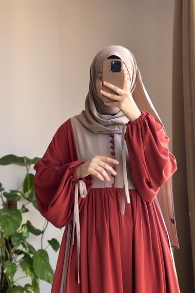 Düğmeli Garni Elbise - Kiremit/ Bej