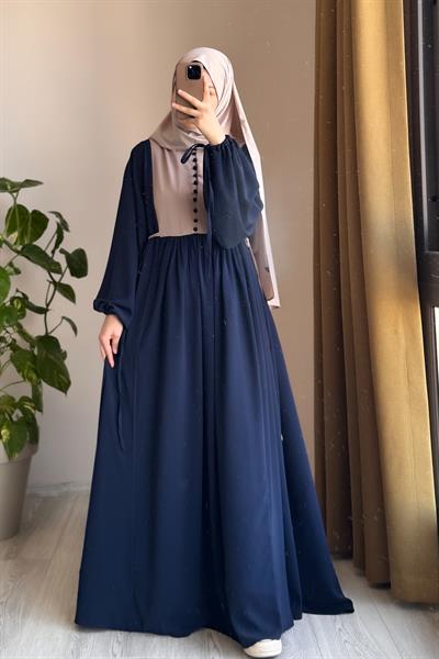 Düğmeli Garni Elbise - Lacivert/ Bej