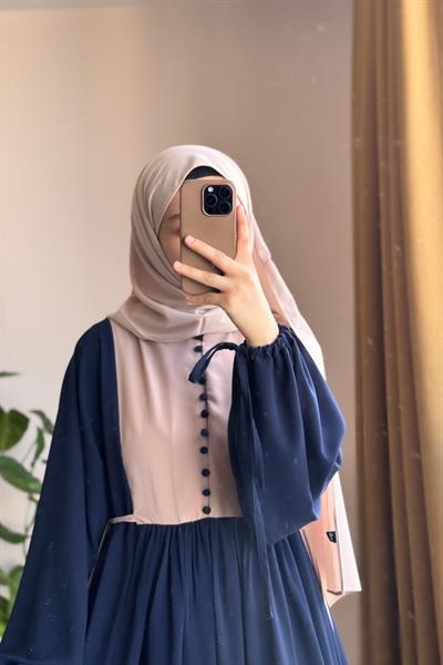 Düğmeli Garni Elbise - Lacivert/ Bej