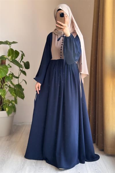 Düğmeli Garni Elbise - Lacivert/ Bej