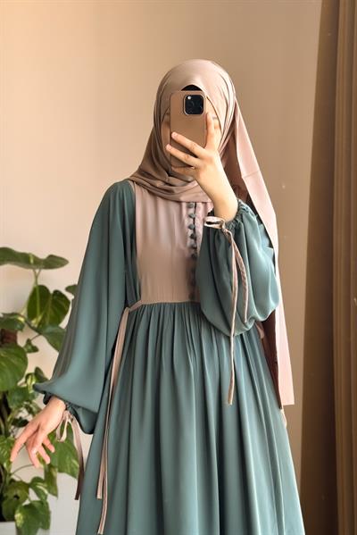 Düğmeli Garni Elbise - Mint/ Bej