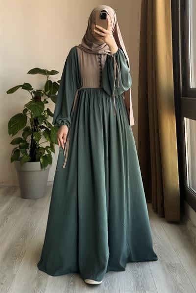 Düğmeli Garni Elbise - Mint/ Bej