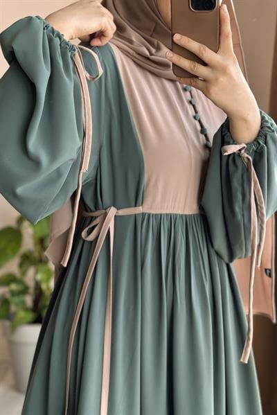 Düğmeli Garni Elbise - Mint/ Bej
