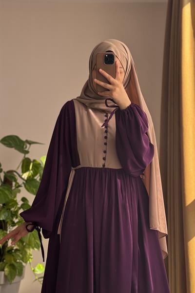 Düğmeli Garni Elbise - Mürdüm/ Bej