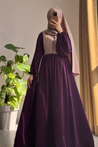 Düğmeli Garni Elbise - Mürdüm/ Bej