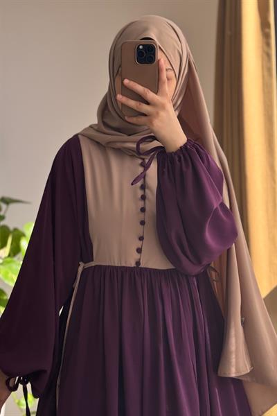 Düğmeli Garni Elbise - Mürdüm/ Bej