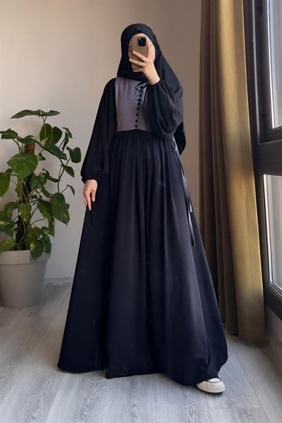 Düğmeli Garni Elbise - Siyah/ Gri