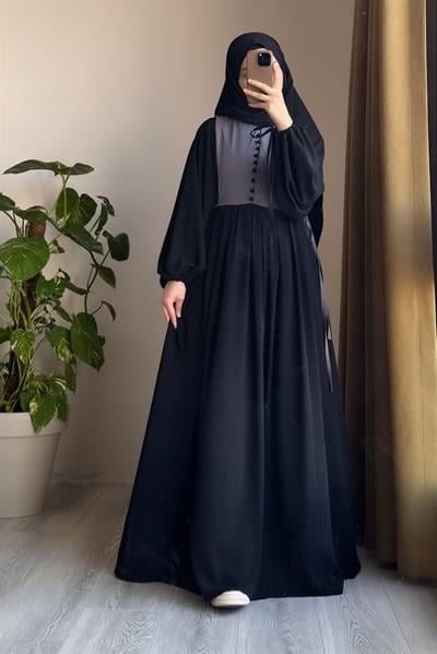 Düğmeli Garni Elbise - Siyah/ Gri