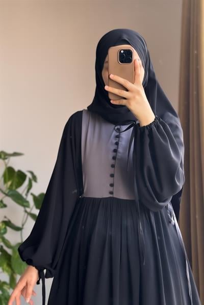 Düğmeli Garni Elbise - Siyah/ Gri