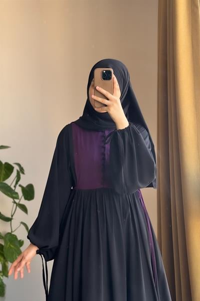 Düğmeli Garni Elbise - Siyah/ Mürdüm