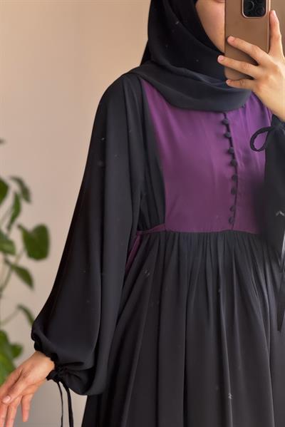 Düğmeli Garni Elbise - Siyah/ Mürdüm