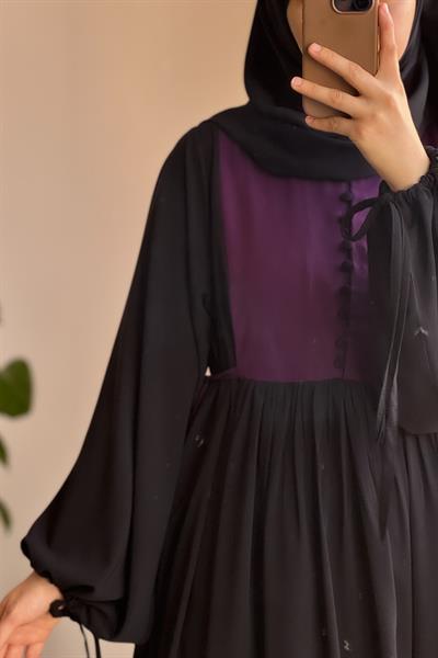 Düğmeli Garni Elbise - Siyah/ Mürdüm