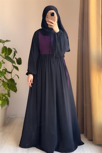 Düğmeli Garni Elbise - Siyah/ Mürdüm