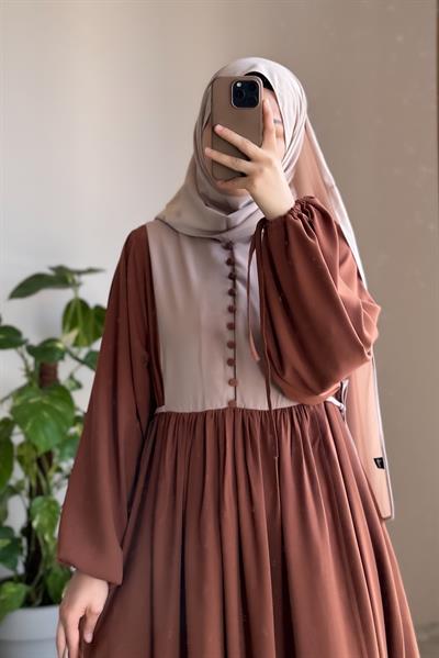 Düğmeli Garni Elbise - Taba/ Bej