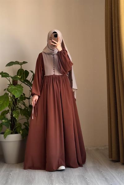 Düğmeli Garni Elbise - Taba/ Bej