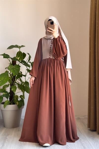 Düğmeli Garni Elbise - Taba/ Bej