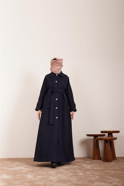 Düğmeli Kloş Kaban - Lacivert