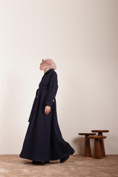 Düğmeli Kloş Kaban - Lacivert