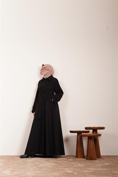 Düğmeli Kloş Kaban - Siyah