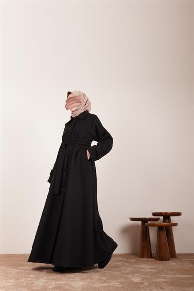 Düğmeli Kloş Kaban - Siyah