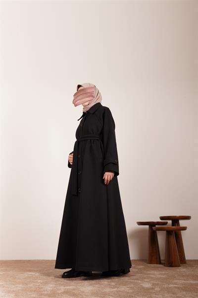 Düğmeli Kloş Kaban - Siyah