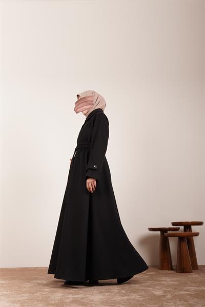 Düğmeli Kloş Kaban - Siyah