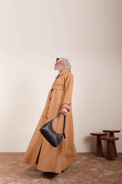 Düğmeli Kloş Kaban - Sütlü kahve