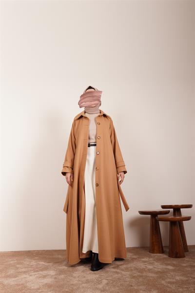 Düğmeli Kloş Kaban - Sütlü kahve