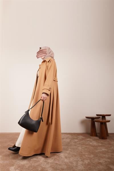 Düğmeli Kloş Kaban - Sütlü kahve