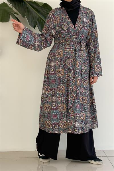 Etnik Desen Kimono - Turkuaz