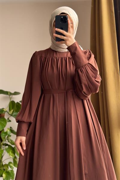 Fermuar Manşetli Elbise - Açık kahve