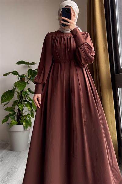 Fermuar Manşetli Elbise - Açık kahve