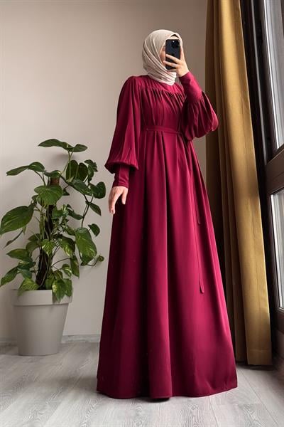 Fermuar Manşetli Elbise - Bordo