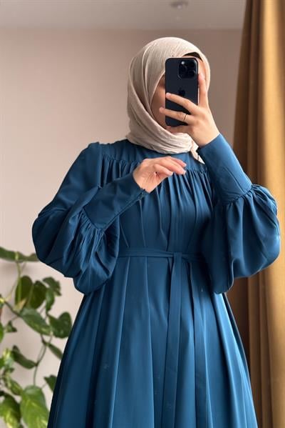 Fermuar Manşetli Elbise - Petrol mavi