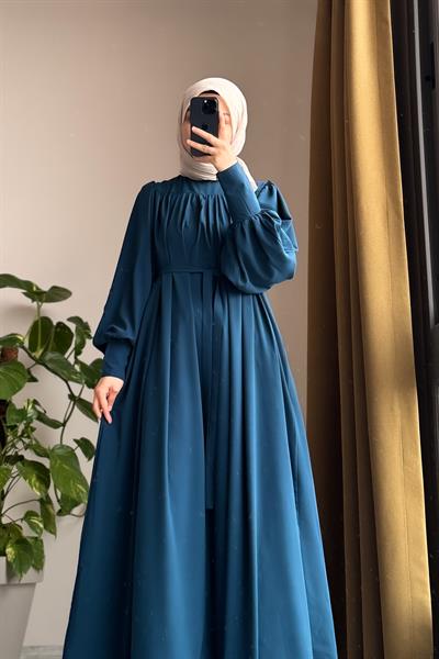 Fermuar Manşetli Elbise - Petrol mavi