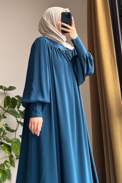 Fermuar Manşetli Elbise - Petrol mavi