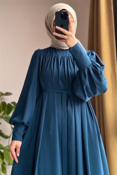 Fermuar Manşetli Elbise - Petrol mavi