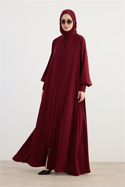 Fermuar Manşetli Ferace - Bordo